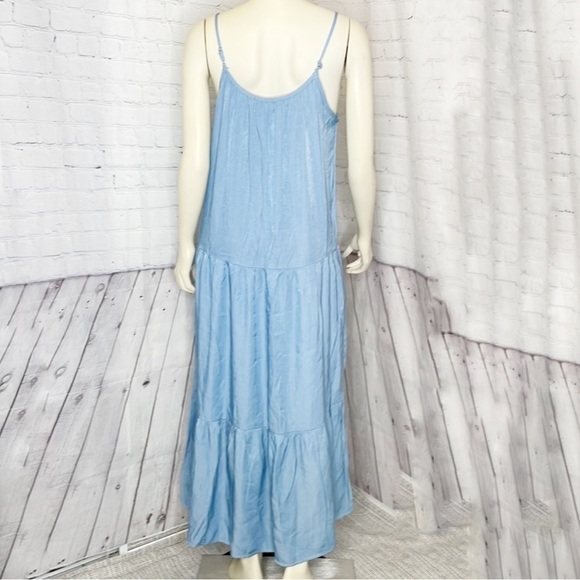 New- Lumiere Tiered, Strappy, Relaxed Fit, Chambray, Pockets, Blue Maxi Dress LG - Picture 8 of 14